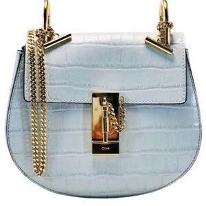 Chloe White Drew Leather Croc-Embossed Bag with Gold Accents
